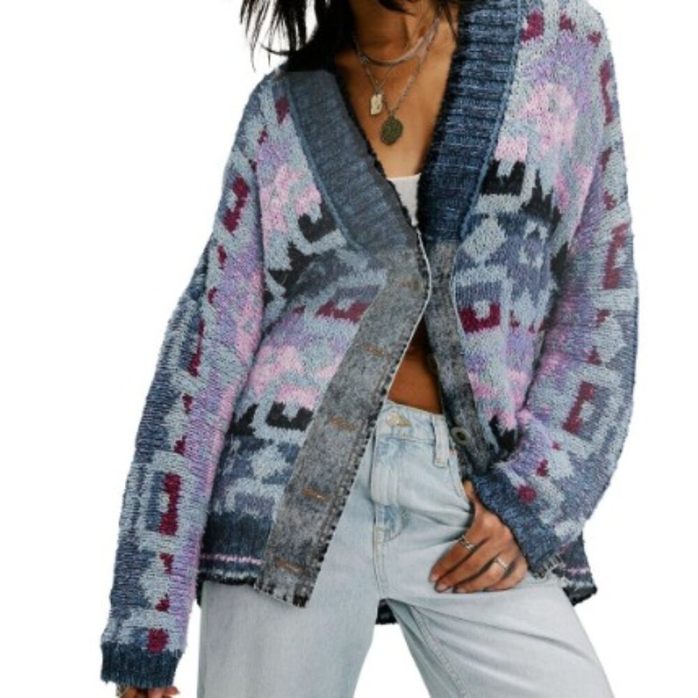 New with tag Size M FREE PEOPLE Bluebell Print Heavy cardigan with denim trim